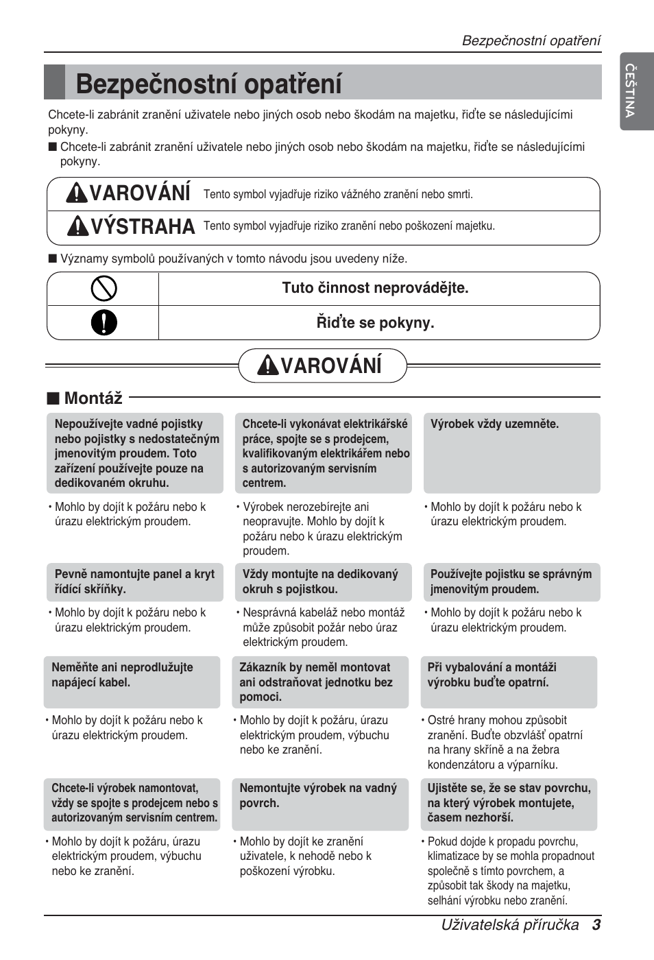 Bezpečnostní opatření, Varování výstraha, Varování | N montáž | LG ARNU76GB8Z2 User Manual | Page 123 / 205