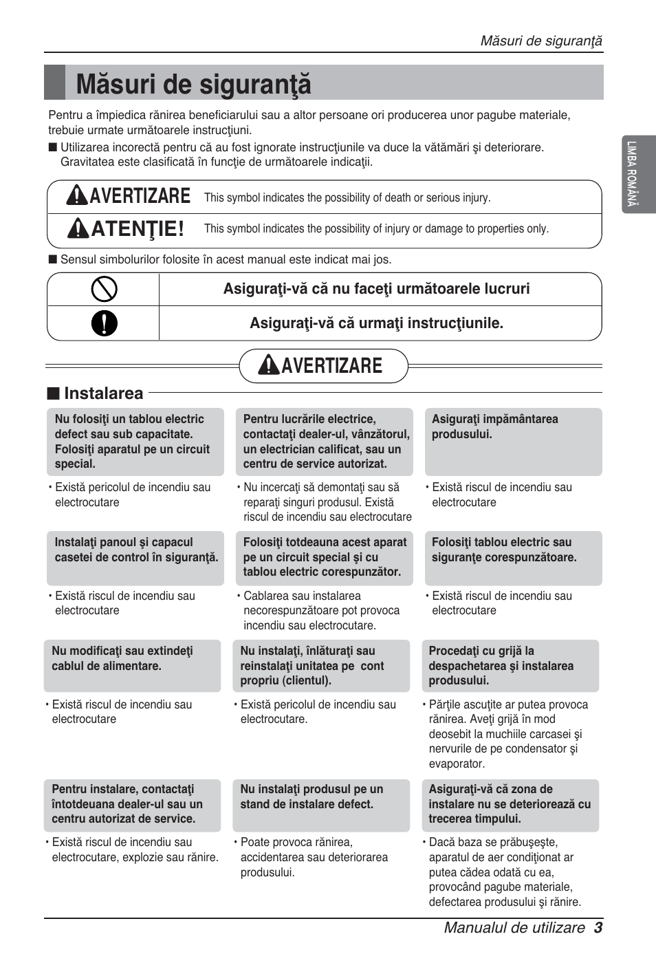 Măsuri de siguranţă, Avertizare atenţie, Avertizare | N instalarea | LG ARNU76GB8Z2 User Manual | Page 135 / 205