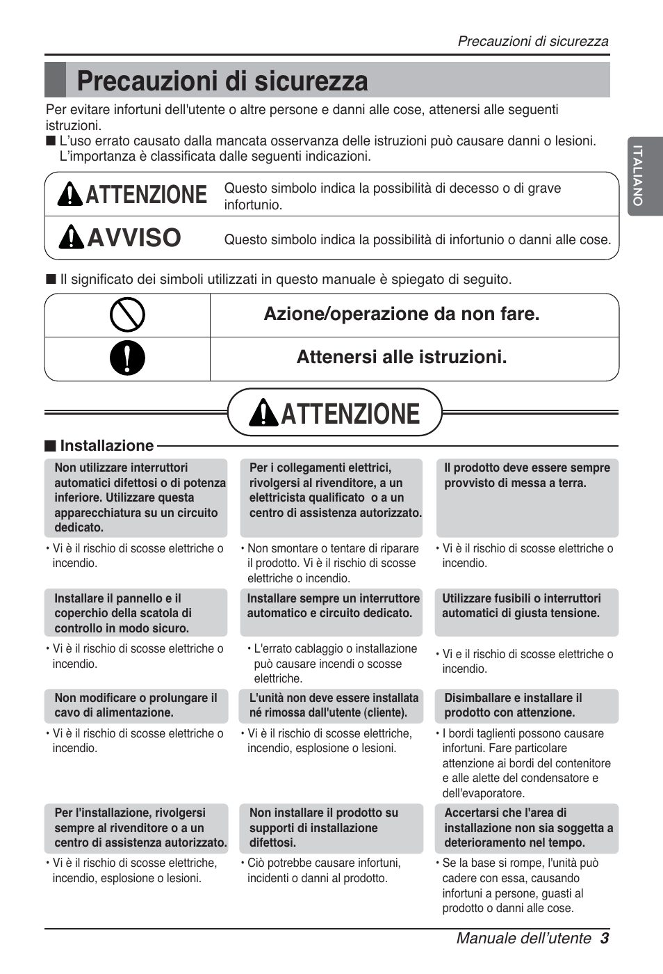 Attenzione, Precauzioni di sicurezza, Attenzione avviso | LG ARNU76GB8Z2 User Manual | Page 15 / 205