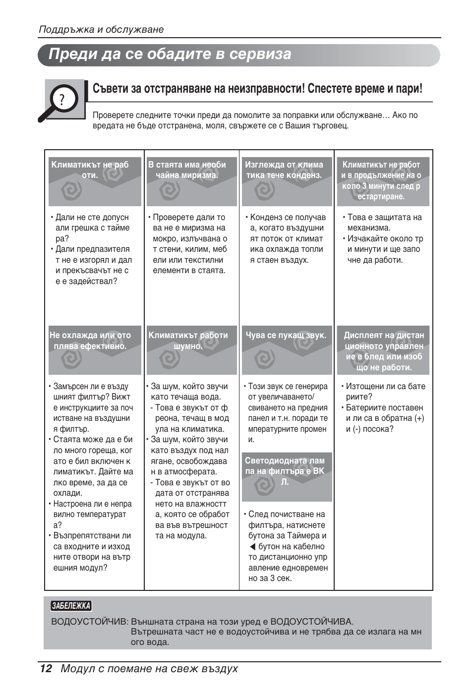 Преди да се обадите в сервиза, 12 модул с поемане на свеж въздух | LG ARNU76GB8Z2 User Manual | Page 156 / 205