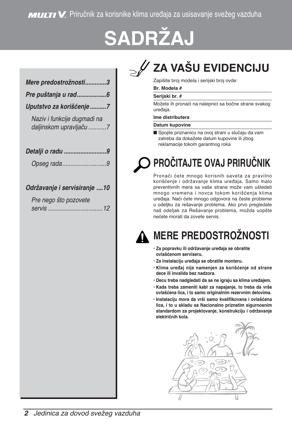 Sadržaj, Za vašu evidenciju, Pročitajte ovaj priručnik | Mere predostrožnosti | LG ARNU76GB8Z2 User Manual | Page 158 / 205