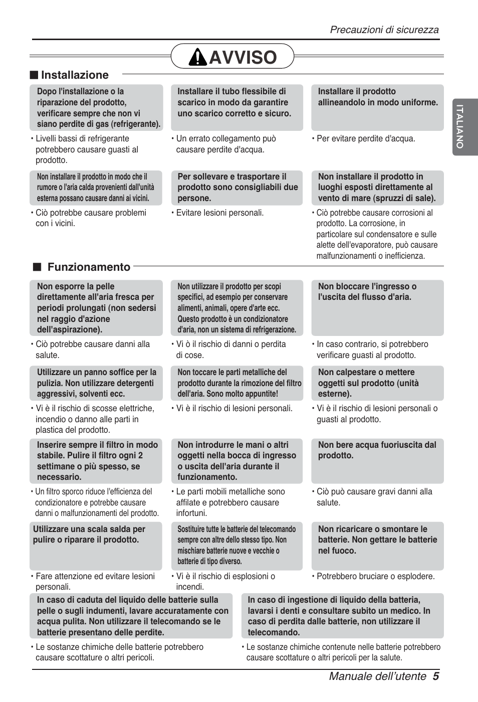 Avviso, Manuale dellʼutente 5, N installazione | N funzionamento | LG ARNU76GB8Z2 User Manual | Page 17 / 205