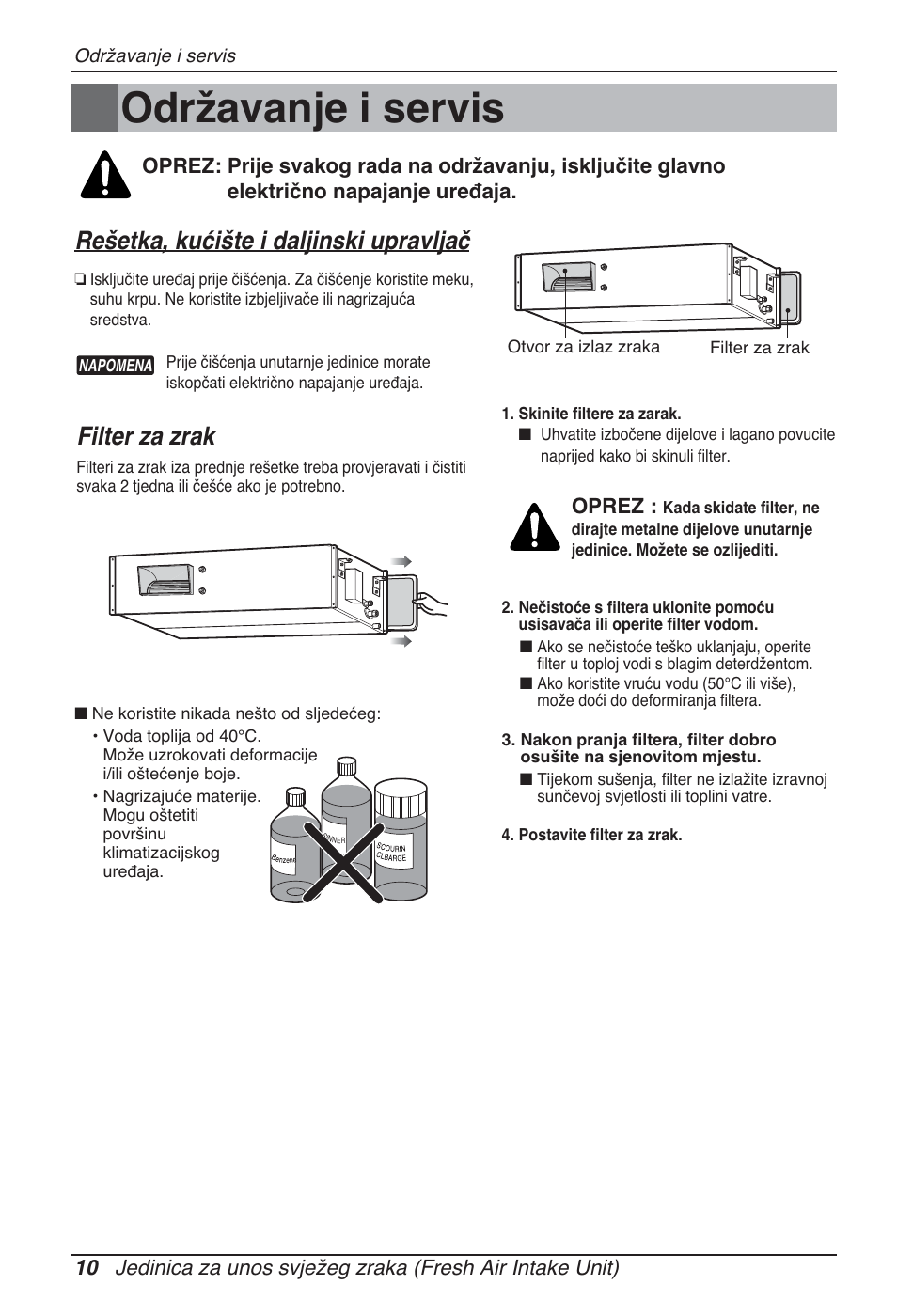 Održavanje i servis, Rešetka, kućište i daljinski upravljač, Filter za zrak | Oprez | LG ARNU76GB8Z2 User Manual | Page 178 / 205