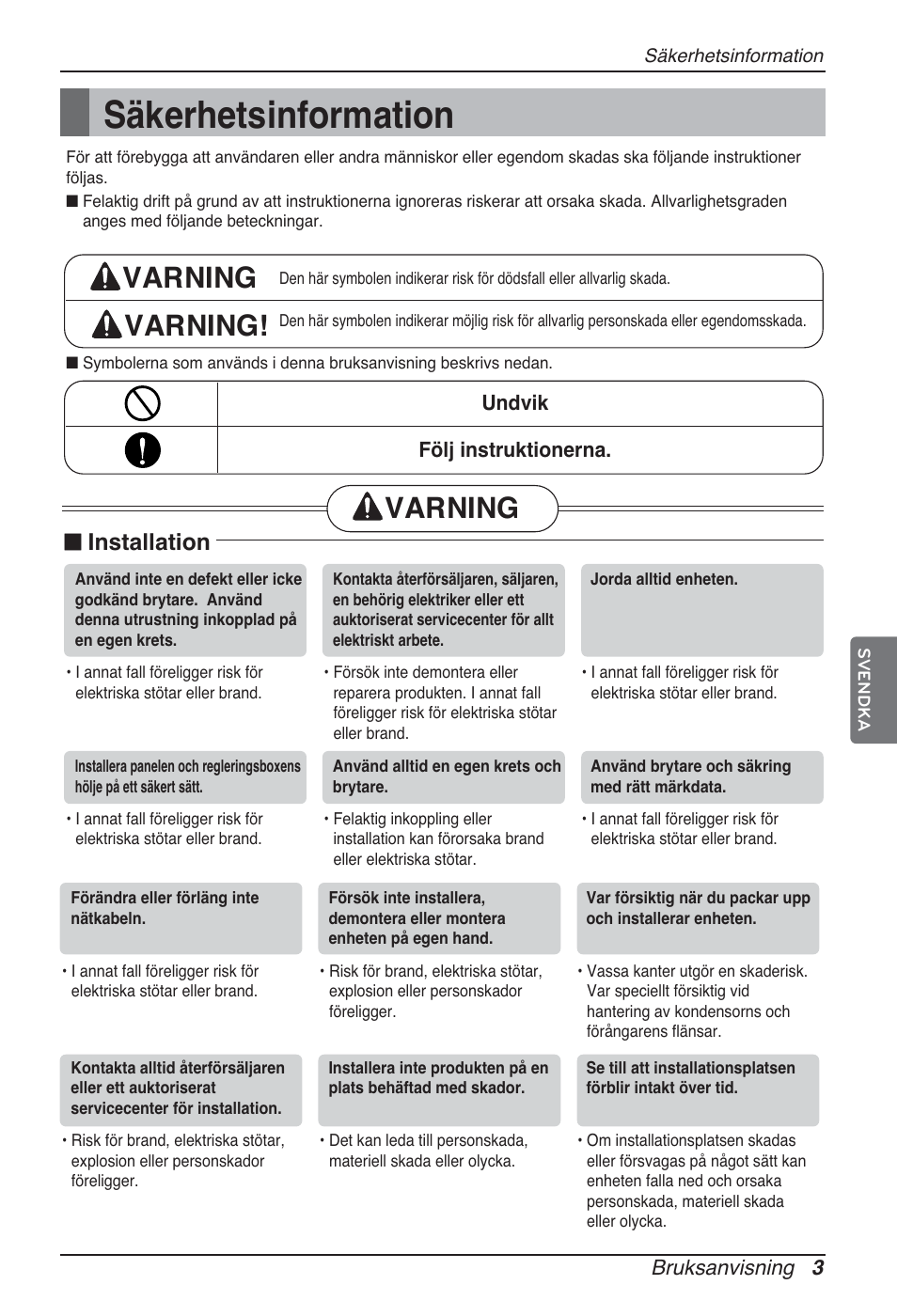 Säkerhetsinformation, Varning varning, Varning | N installation | LG ARNU76GB8Z2 User Manual | Page 183 / 205