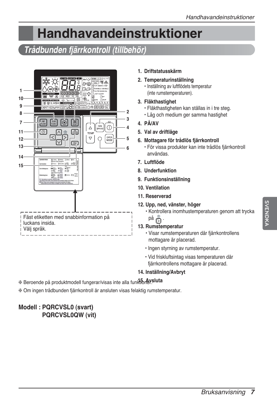 Handhavandeinstruktioner, Trådbunden fjärrkontroll (tillbehör) | LG ARNU76GB8Z2 User Manual | Page 187 / 205