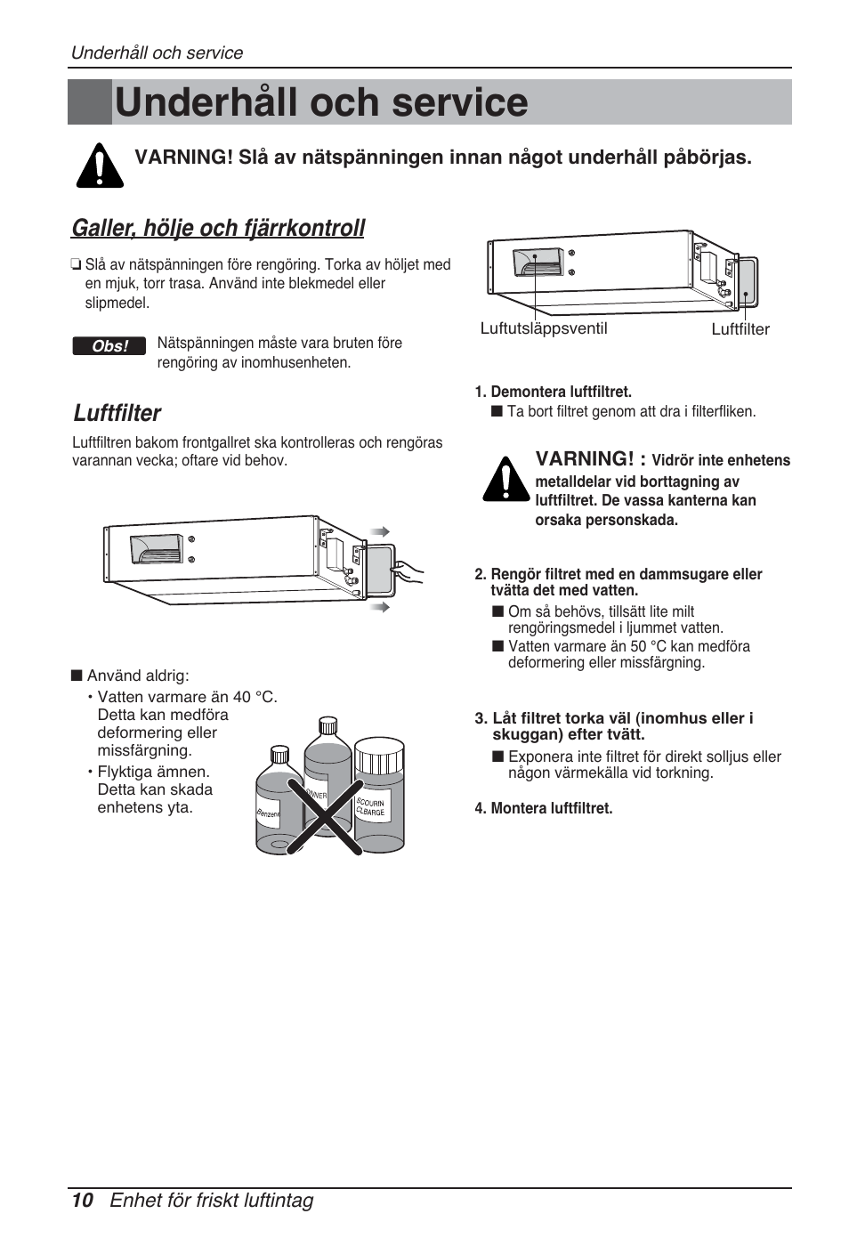 Underhåll och service, Galler, hölje och fjärrkontroll, Luftfilter | 10 enhet för friskt luftintag, Varning | LG ARNU76GB8Z2 User Manual | Page 190 / 205