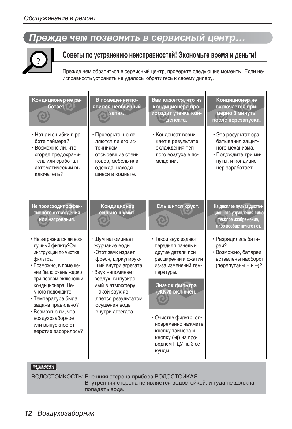 Прежде чем позвонить в сервисный центр, 12 воздухозаборник | LG ARNU76GB8Z2 User Manual | Page 204 / 205