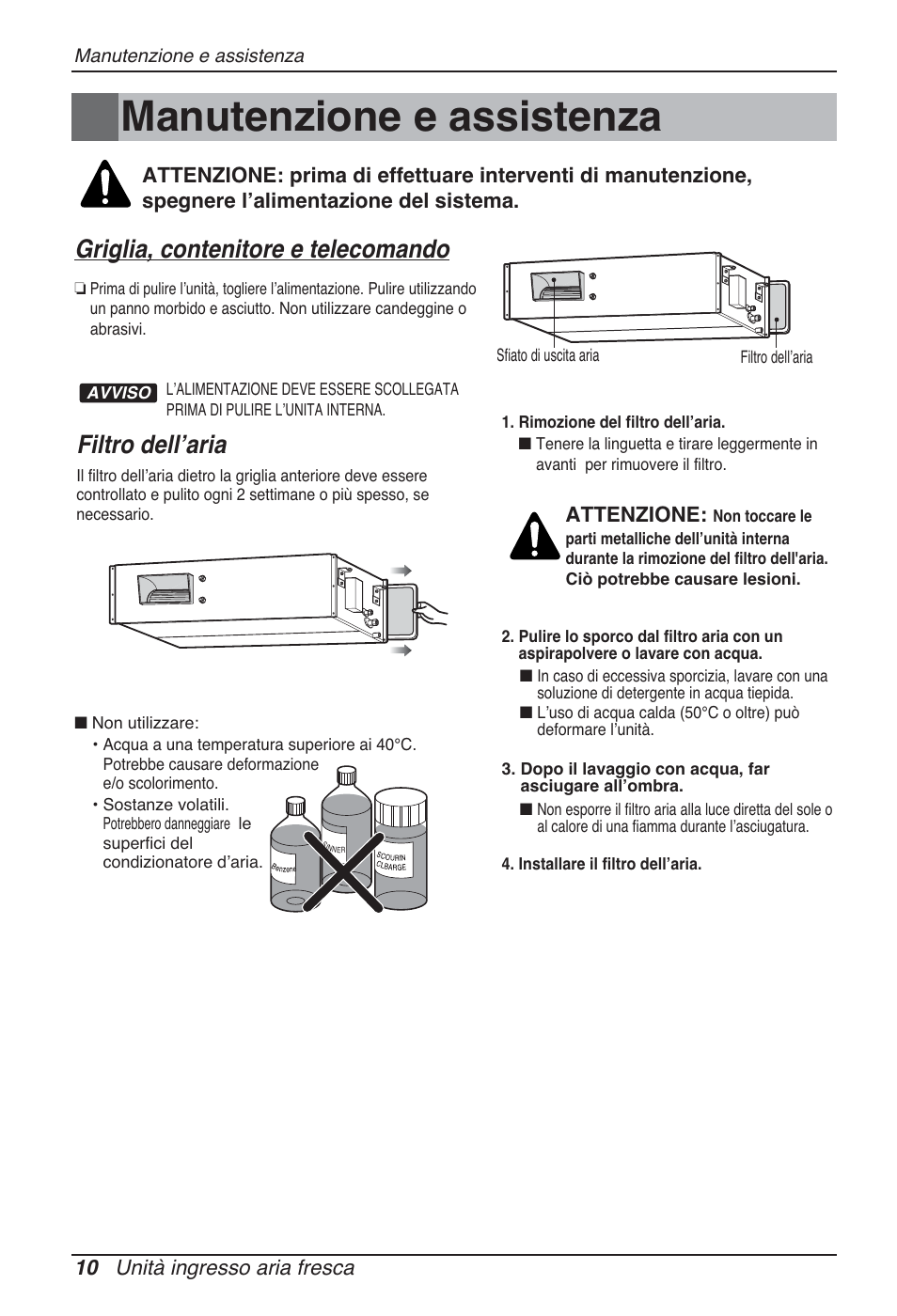 Manutenzione e assistenza, Griglia, contenitore e telecomando, Filtro dellʼaria | 10 unità ingresso aria fresca, Attenzione | LG ARNU76GB8Z2 User Manual | Page 22 / 205