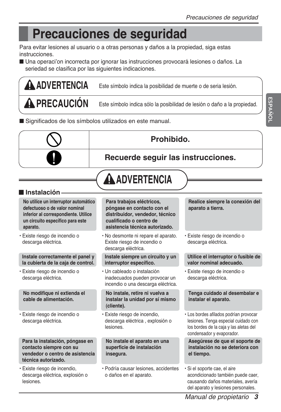 Precauciones de seguridad, Advertencia, Advertencia precaución | Prohibido. recuerde seguir las instrucciones | LG ARNU76GB8Z2 User Manual | Page 27 / 205