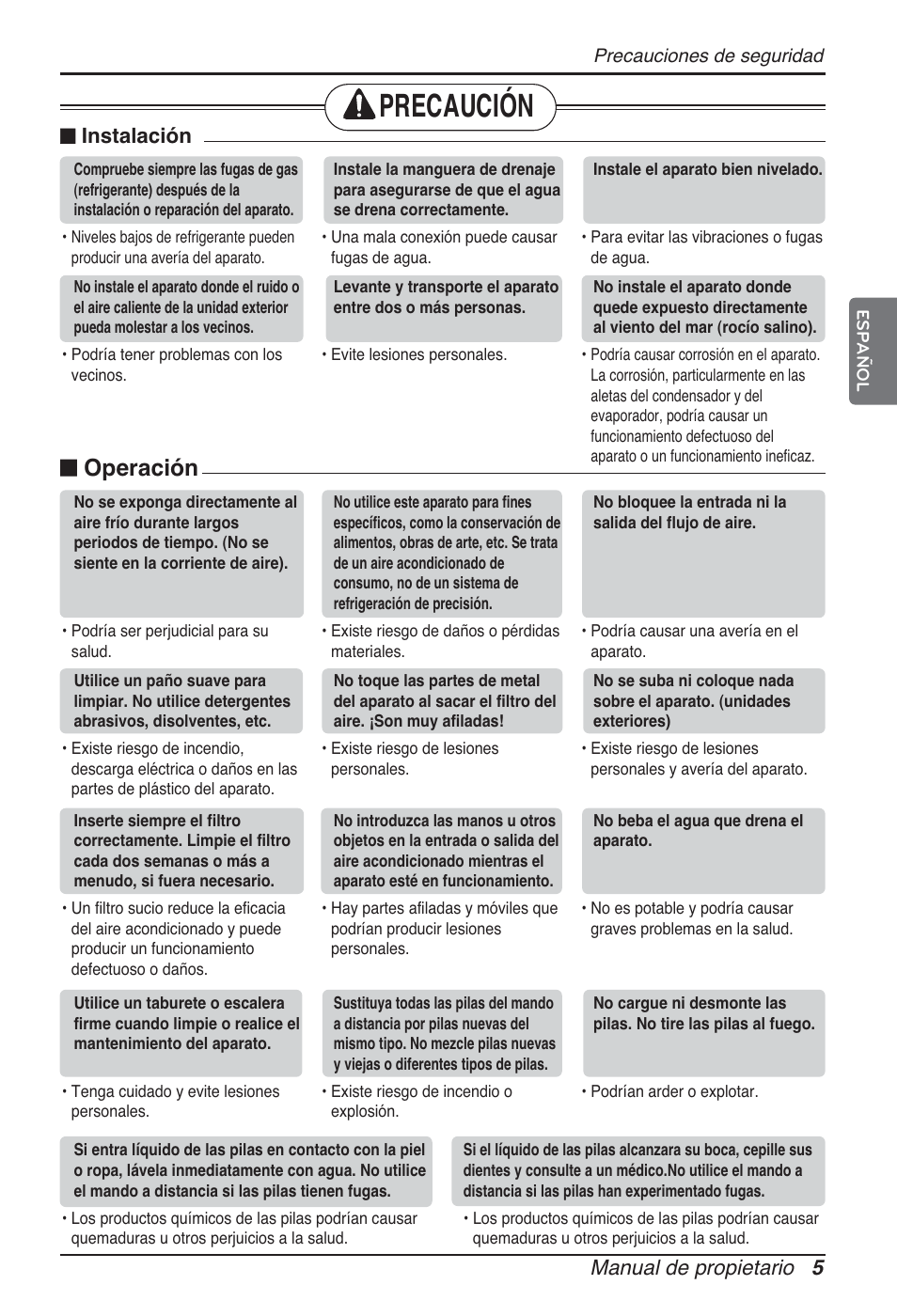 Precaución, N operación, Manual de propietario 5 | N instalación | LG ARNU76GB8Z2 User Manual | Page 29 / 205