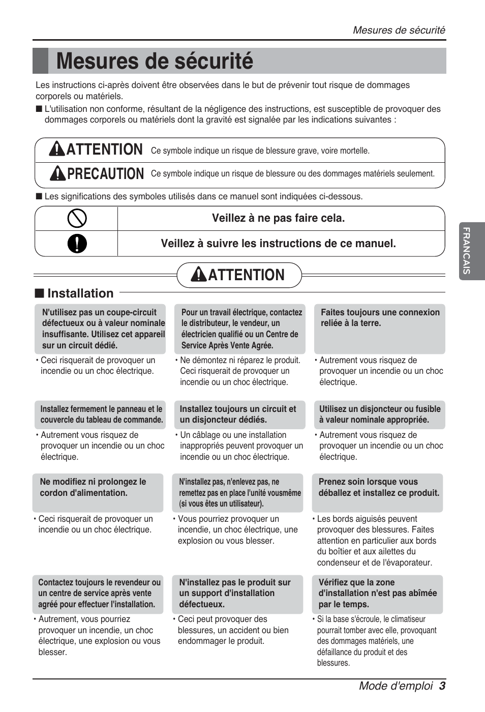 Mesures de sécurité, Attention precaution, Attention | N installation | LG ARNU76GB8Z2 User Manual | Page 39 / 205
