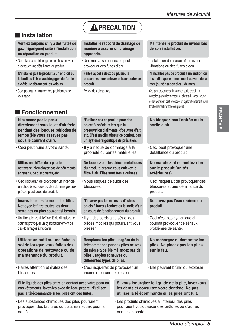 Precaution, N installation, N fonctionnement | Mode d'emploi 5 | LG ARNU76GB8Z2 User Manual | Page 41 / 205