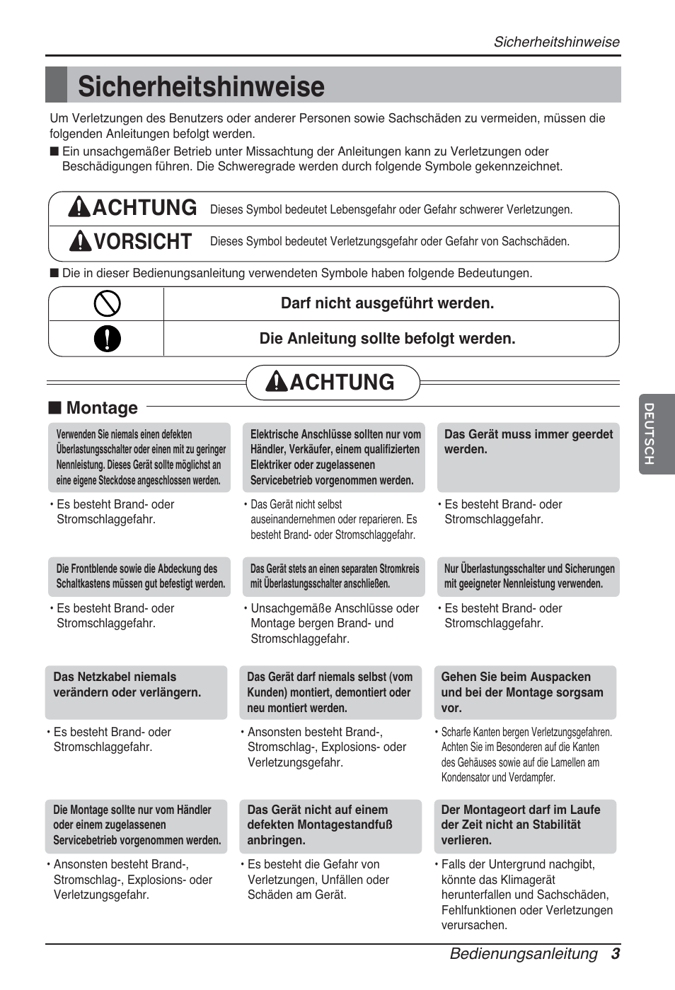 Sicherheitshinweise, Achtung vorsicht, Achtung | N montage | LG ARNU76GB8Z2 User Manual | Page 51 / 205