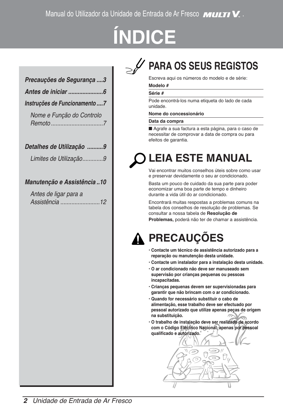 Índice, Para os seus registos, Leia este manual | Precauções | LG ARNU76GB8Z2 User Manual | Page 62 / 205