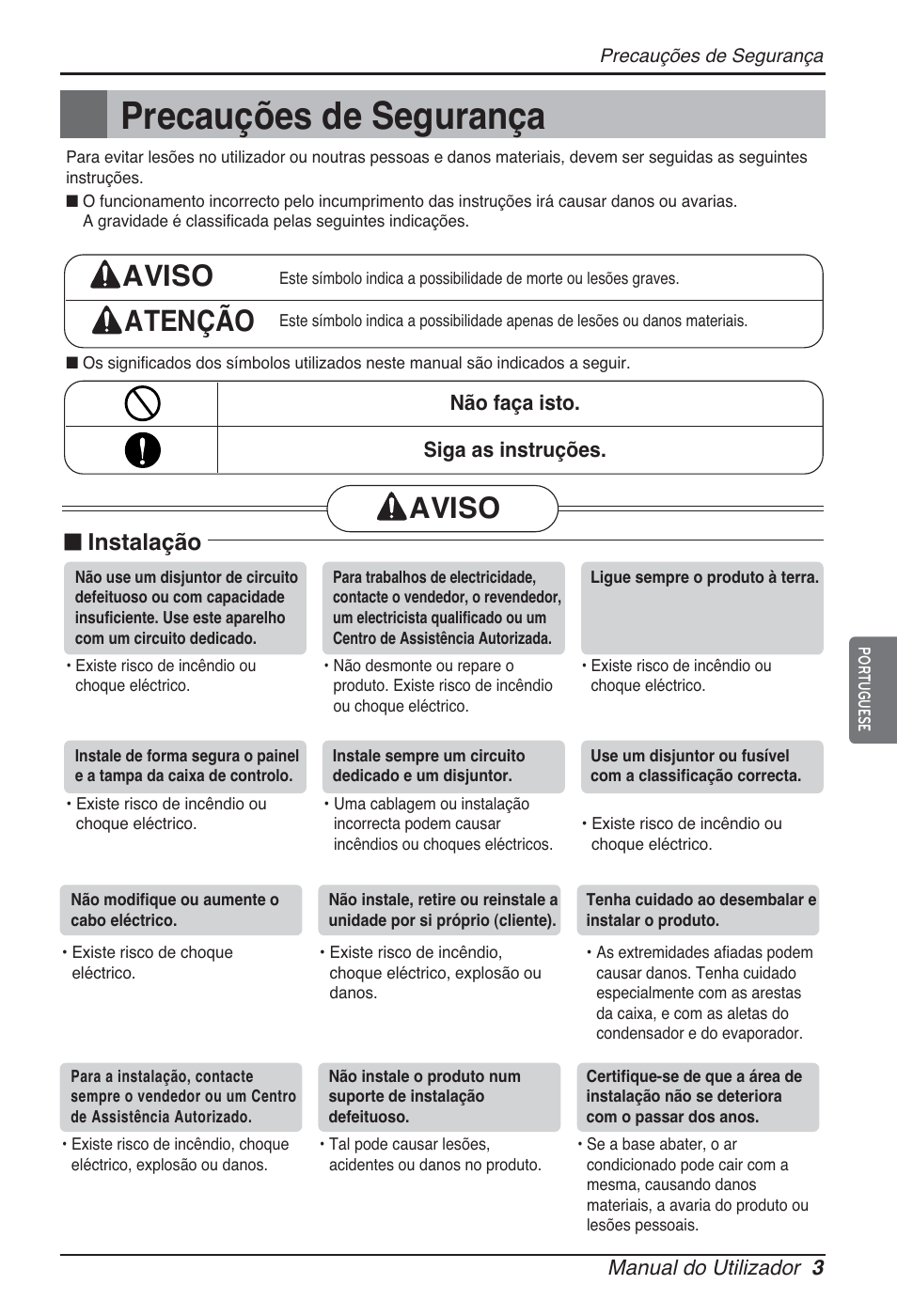 Precauções de segurança, Aviso atenção, Aviso | N instalação | LG ARNU76GB8Z2 User Manual | Page 63 / 205