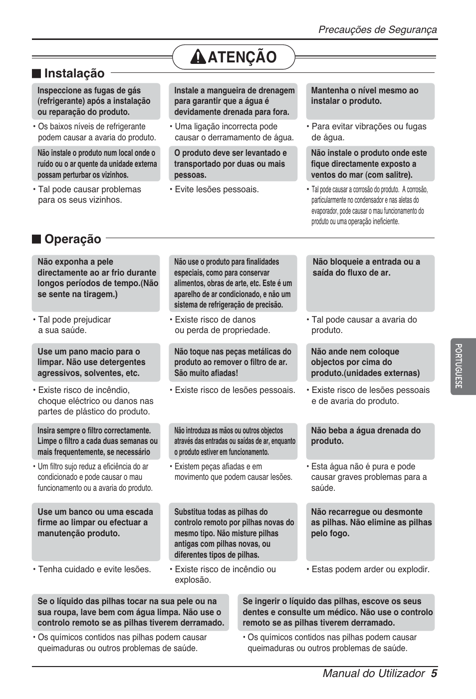 Atenção, N instalação, N operação | Manual do utilizador 5 | LG ARNU76GB8Z2 User Manual | Page 65 / 205