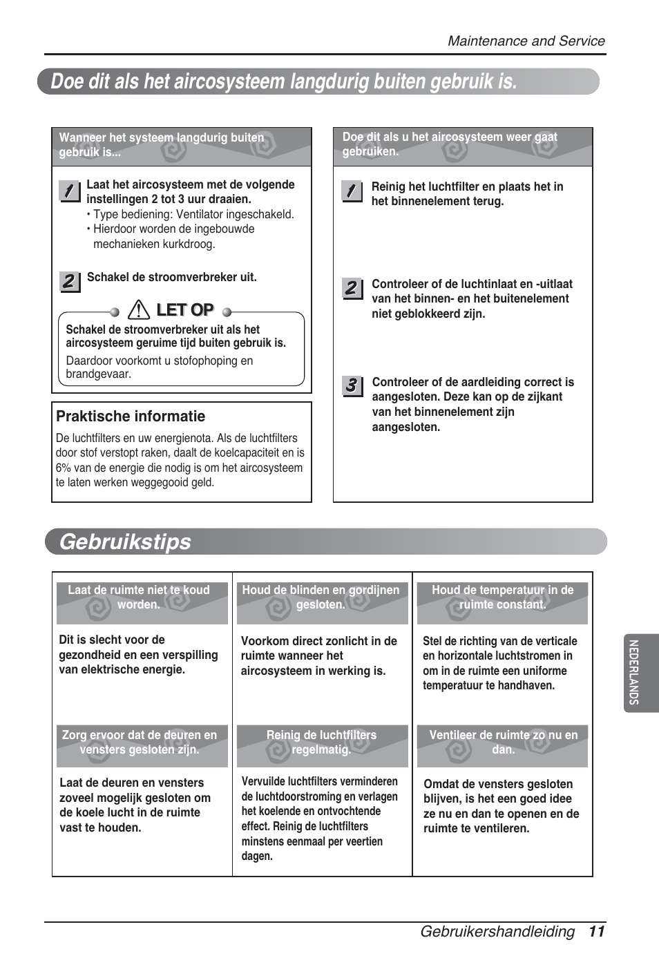 Let op, Gebruikershandleiding 11, Praktische informatie | LG ARNU76GB8Z2 User Manual | Page 95 / 205