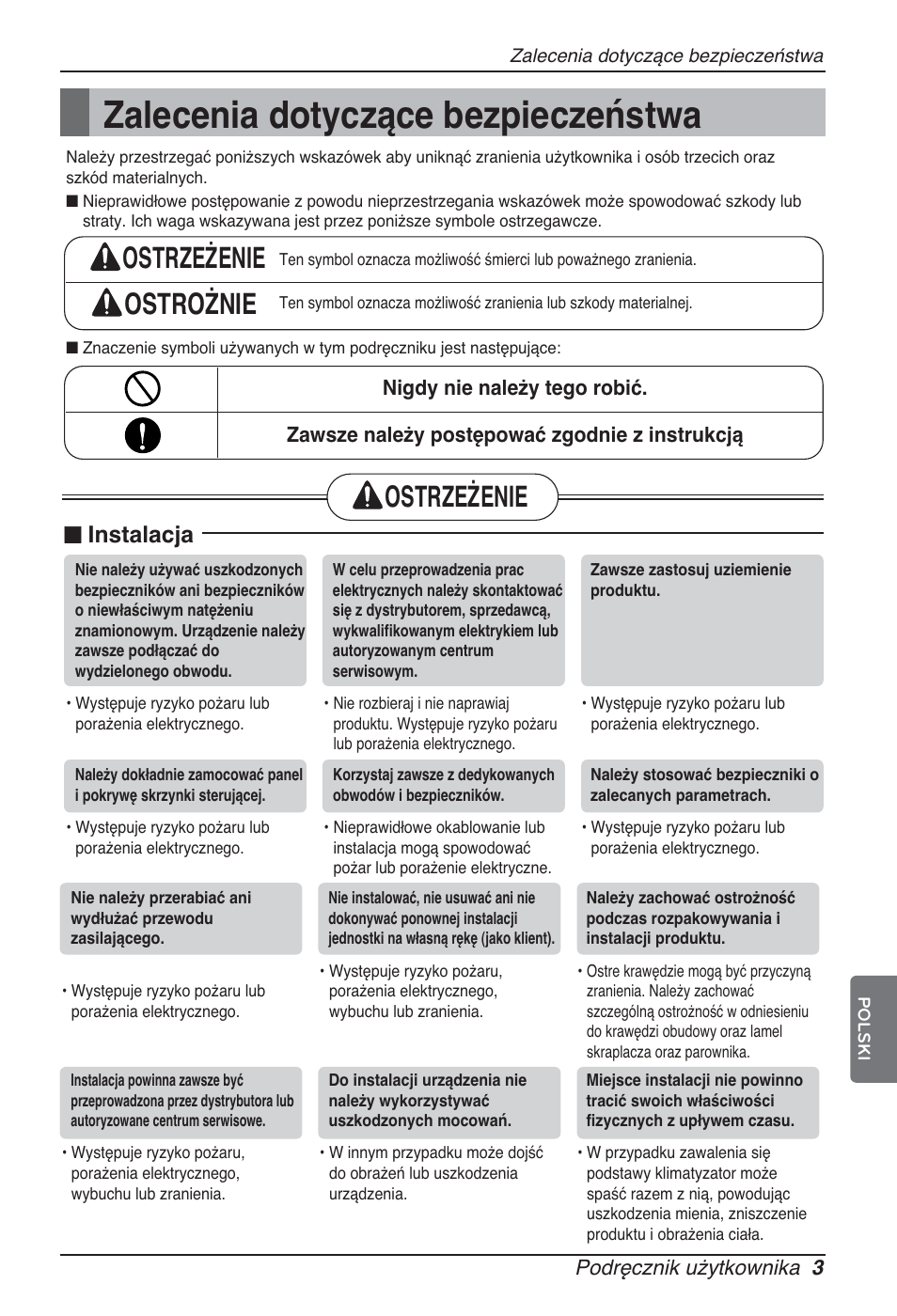 Zalecenia dotyczące bezpieczeństwa, Ostrzeżenie ostrożnie, Ostrzeżenie | N instalacja | LG ARNU76GB8Z2 User Manual | Page 99 / 205