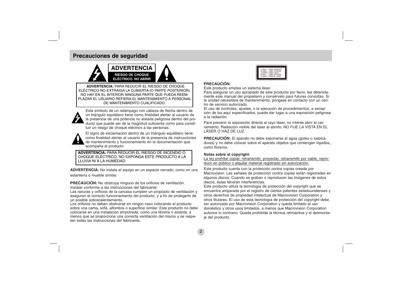 Precauciones de seguridad, Advertencia | LG DP271 User Manual | Page 44 / 84