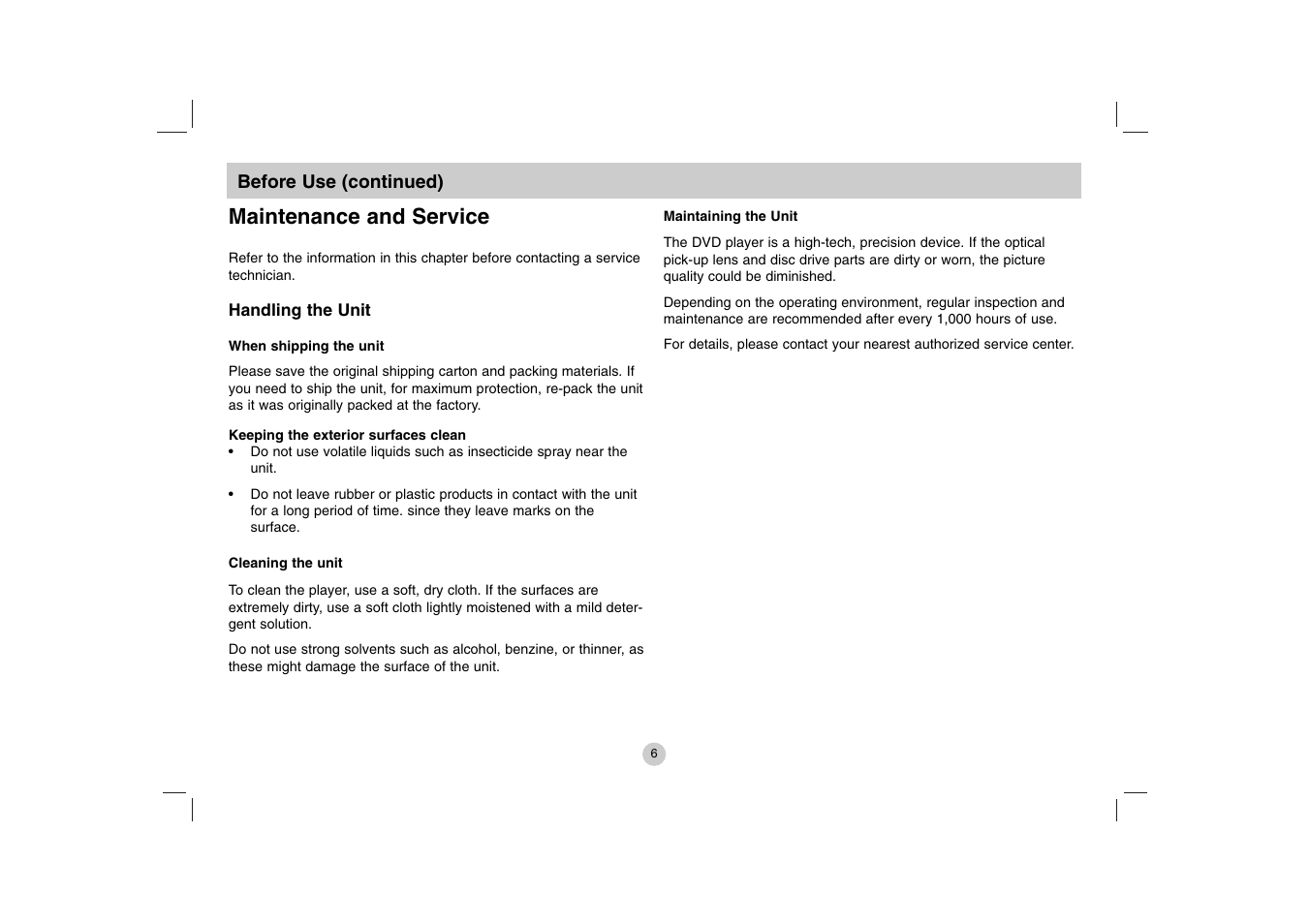 Maintenance and service | LG DP271 User Manual | Page 6 / 84