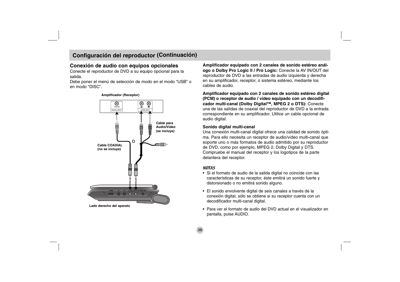 Configuración del reproductor (continuación), Conexión de audio con equipos opcionales | LG DP271 User Manual | Page 80 / 84