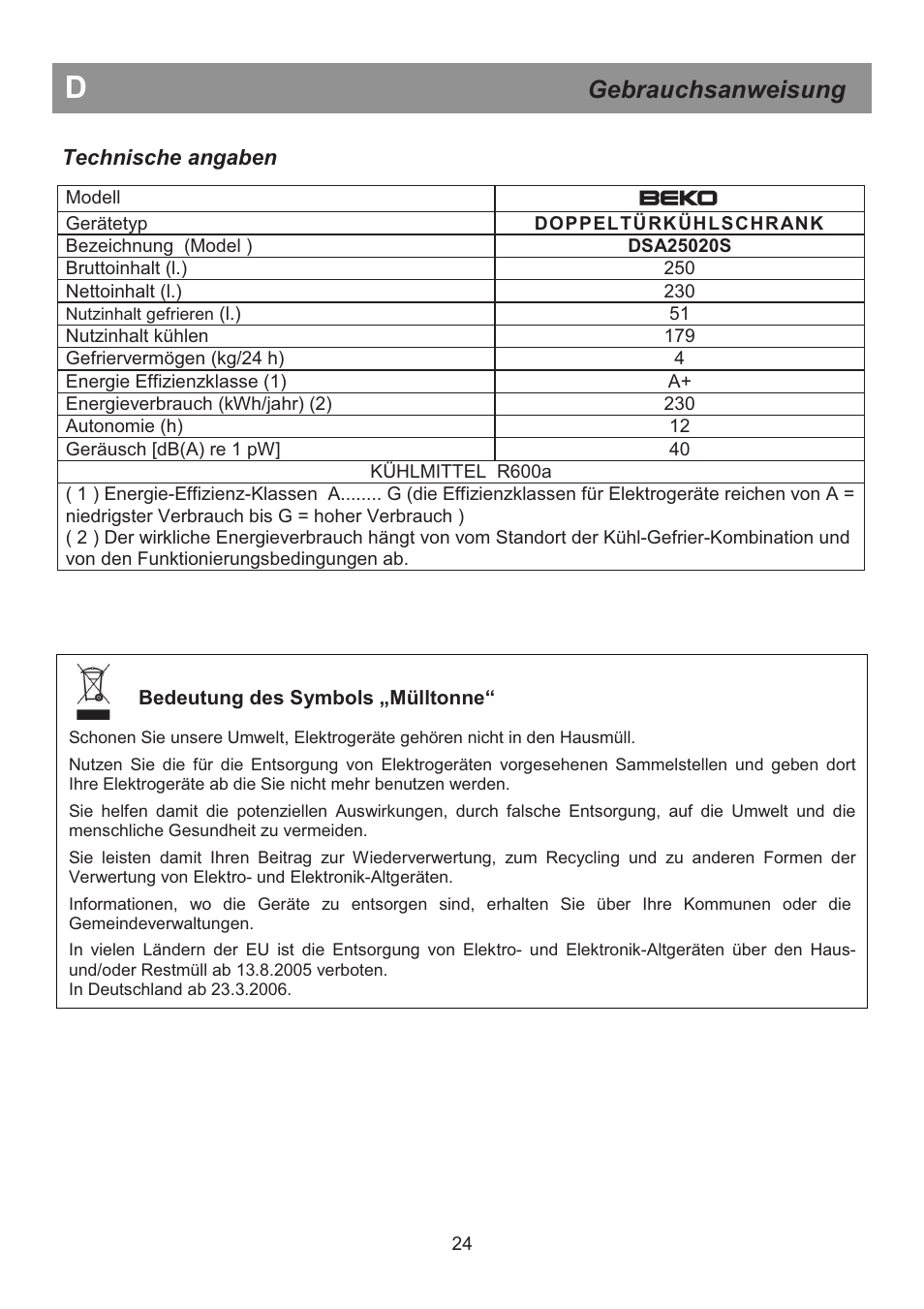 Gebrauchsanweisung | Beko DSA 25020 S User Manual | Page 30 / 31