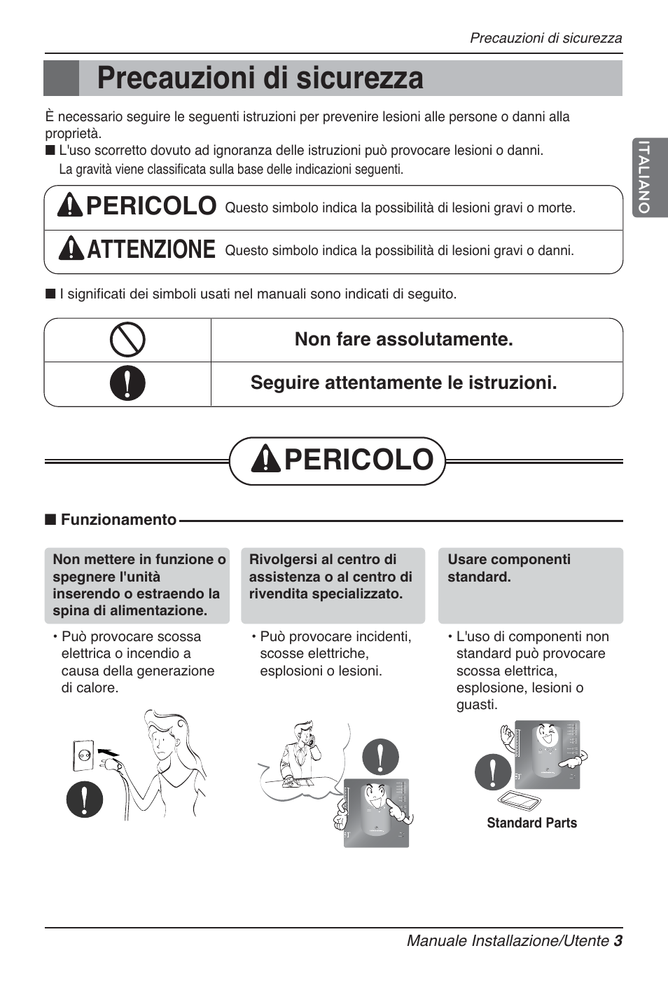 Pericolo, Pericolo attenzione, Manuale installazione/utente 3 | Funzionamento, Italiano, Precauzioni di sicurezza, Standard parts | LG PQNFB17B0 User Manual | Page 111 / 756