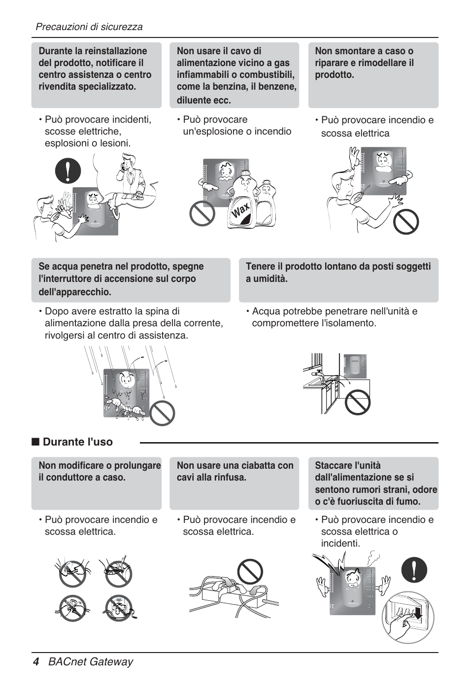 Durante l'uso, 4 bacnet gateway, Wax thinner | Precauzioni di sicurezza | LG PQNFB17B0 User Manual | Page 112 / 756