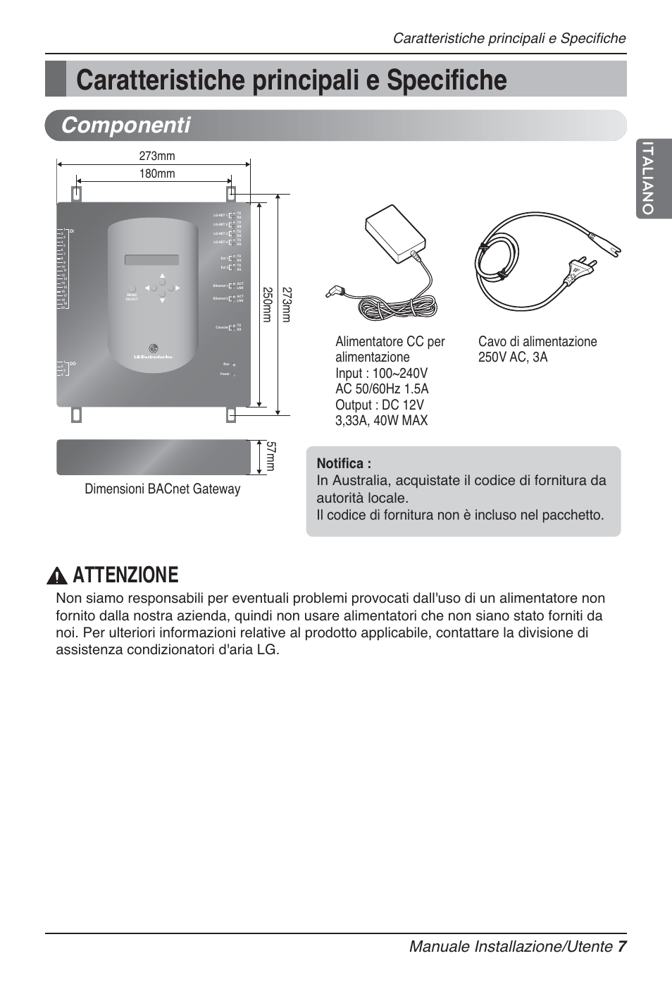 Caratteristiche principali e specifiche, Componenti, Attenzione | Manuale installazione/utente 7, Italiano | LG PQNFB17B0 User Manual | Page 115 / 756