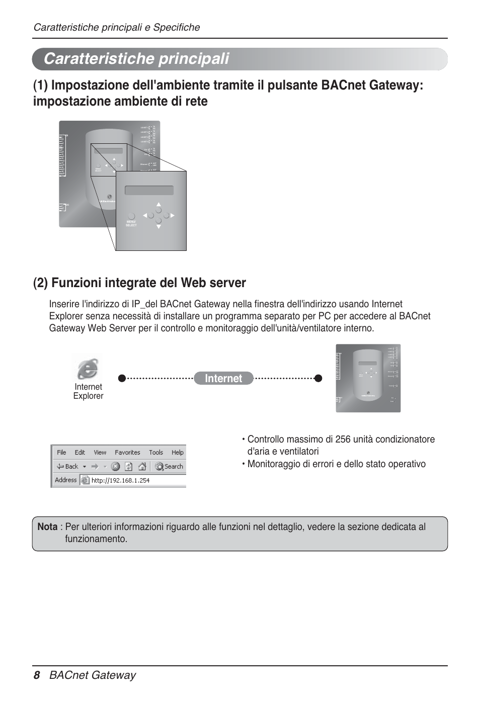 Caratteristiche principali, Internet 8 bacnet gateway, Caratteristiche principali e specifiche | Internet explorer | LG PQNFB17B0 User Manual | Page 116 / 756