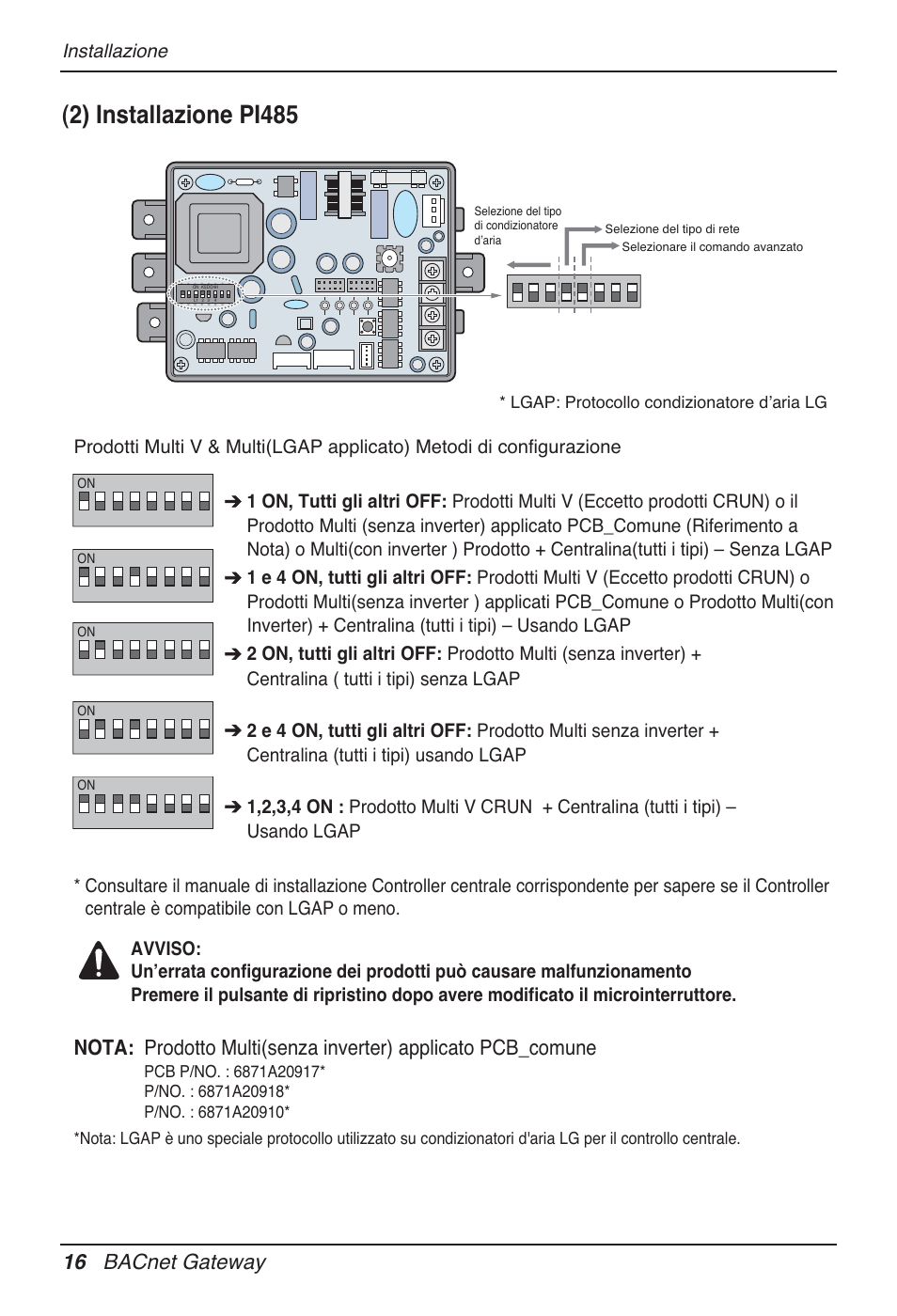 2) installazione pi485, 16 bacnet gateway | LG PQNFB17B0 User Manual | Page 124 / 756