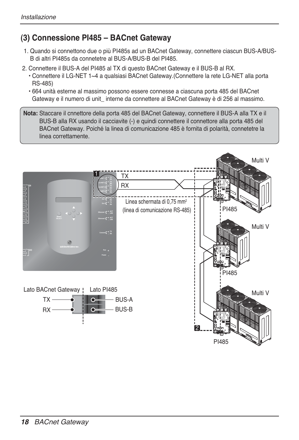 3) connessione pi485 – bacnet gateway, 18 bacnet gateway, Installazione | Multi v tx rx, Multi v pi485 | LG PQNFB17B0 User Manual | Page 126 / 756