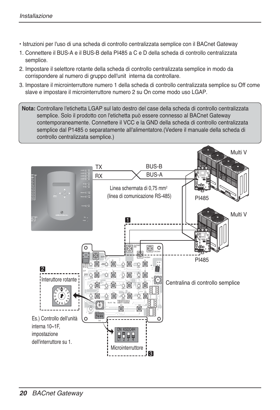 20 bacnet gateway, Multi v pi485 tx rx, Linea schermata di 0,75 mm | 12 3 installazione | LG PQNFB17B0 User Manual | Page 128 / 756