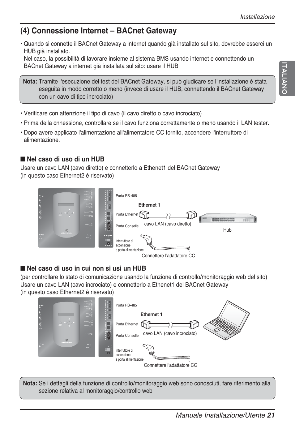 4) connessione internet – bacnet gateway, Nel caso di uso di un hub, Nel caso di uso in cui non si usi un hub | Manuale installazione/utente 21 italiano, Installazione, Hub cavo lan (cavo diretto) ethernet 1, Connettere l'adattatore cc, Cavo lan (cavo incrociato) ethernet 1 | LG PQNFB17B0 User Manual | Page 129 / 756