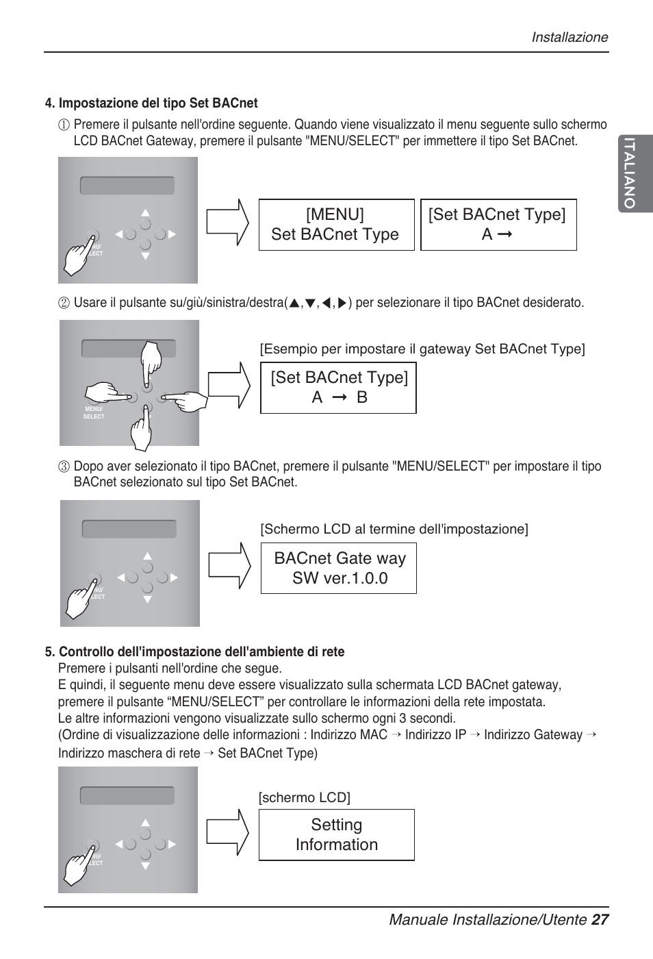 Setting information, Menu] set bacnet type [set bacnet type] a, Set bacnet type] a ➞ b | Bacnet gate way sw ver.1.0.0 | LG PQNFB17B0 User Manual | Page 135 / 756