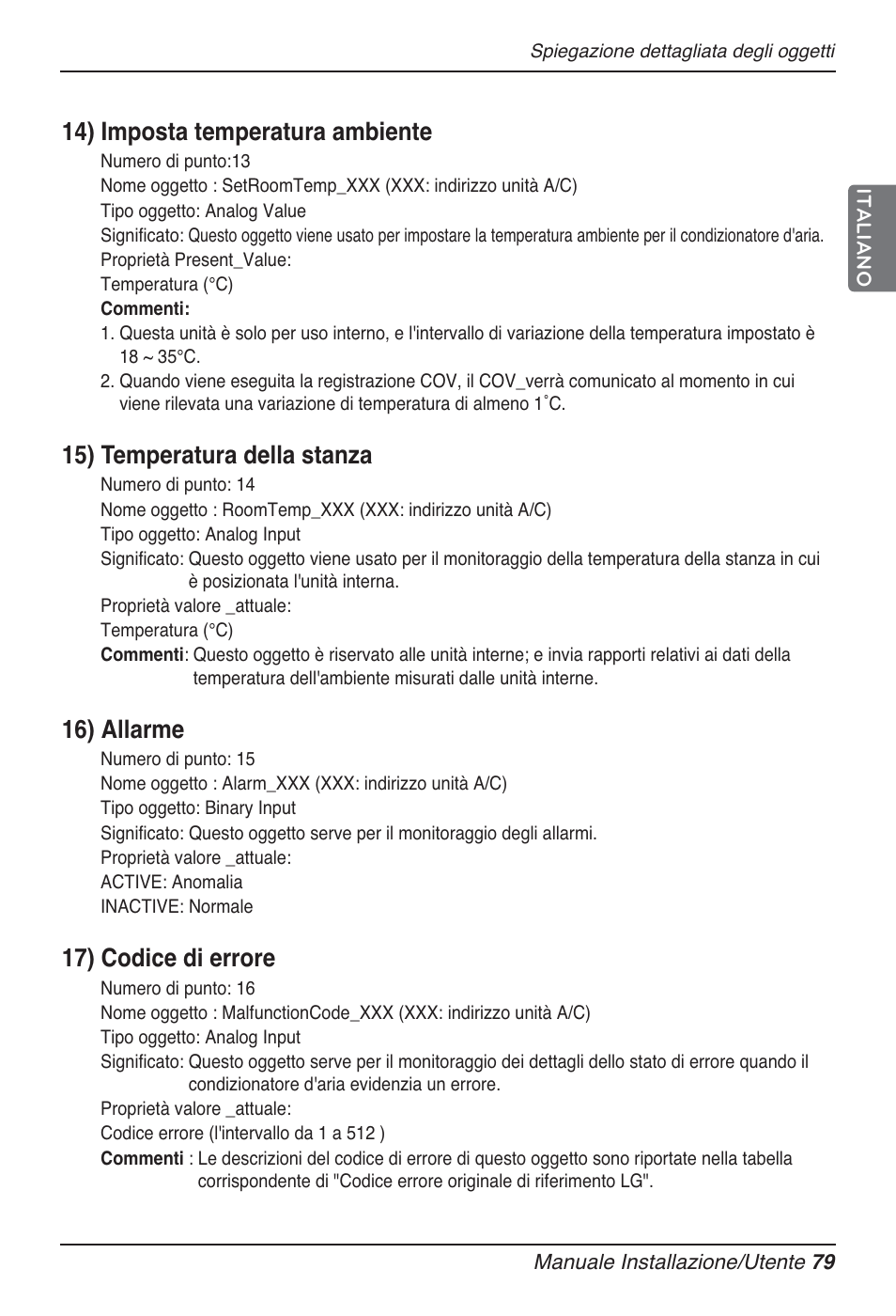 14) imposta temperatura ambiente, 15) temperatura della stanza, 16) allarme | 17) codice di errore | LG PQNFB17B0 User Manual | Page 187 / 756