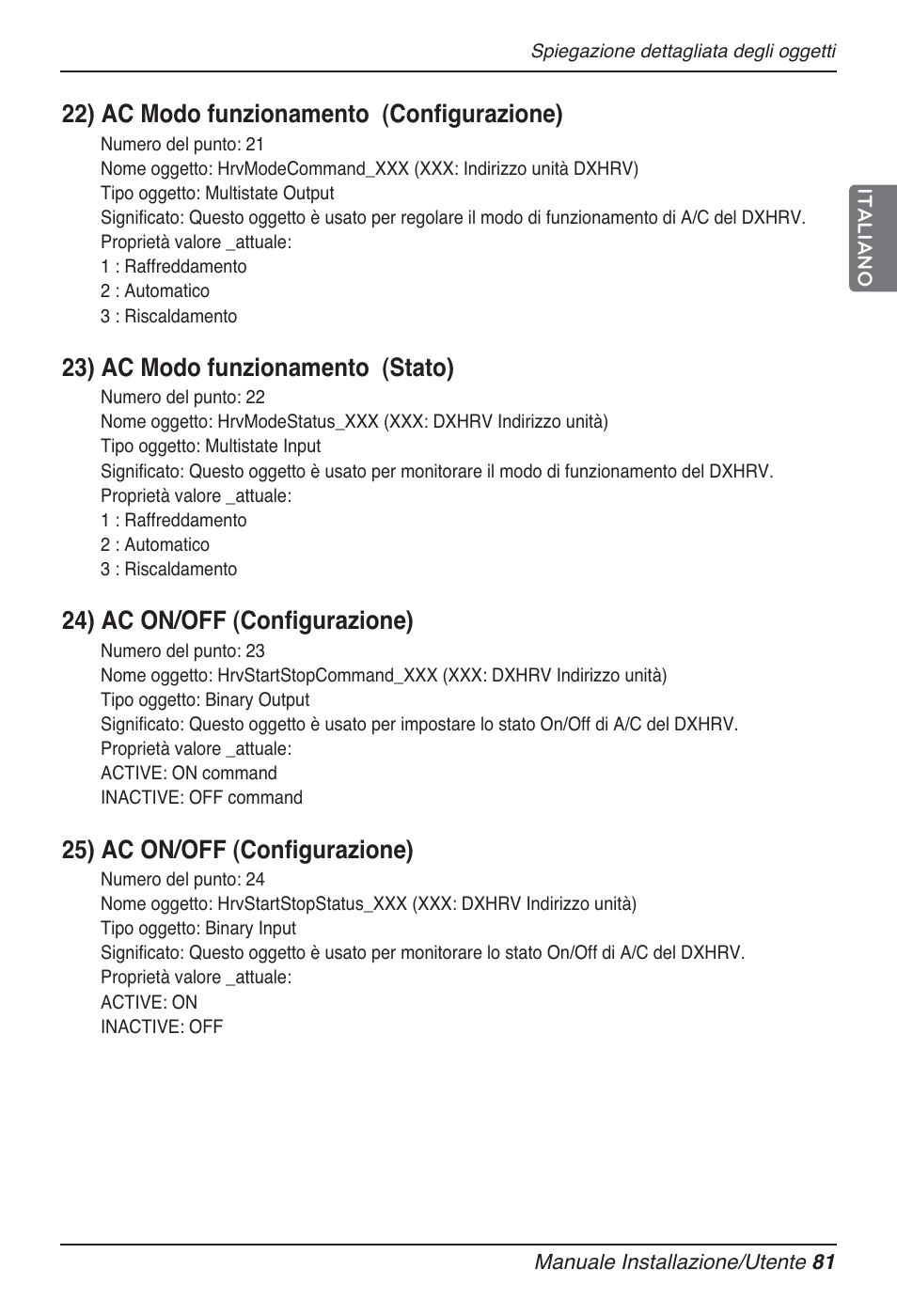 22) ac modo funzionamento (configurazione), 23) ac modo funzionamento (stato), 24) ac on/off (configurazione) | 25) ac on/off (configurazione) | LG PQNFB17B0 User Manual | Page 189 / 756