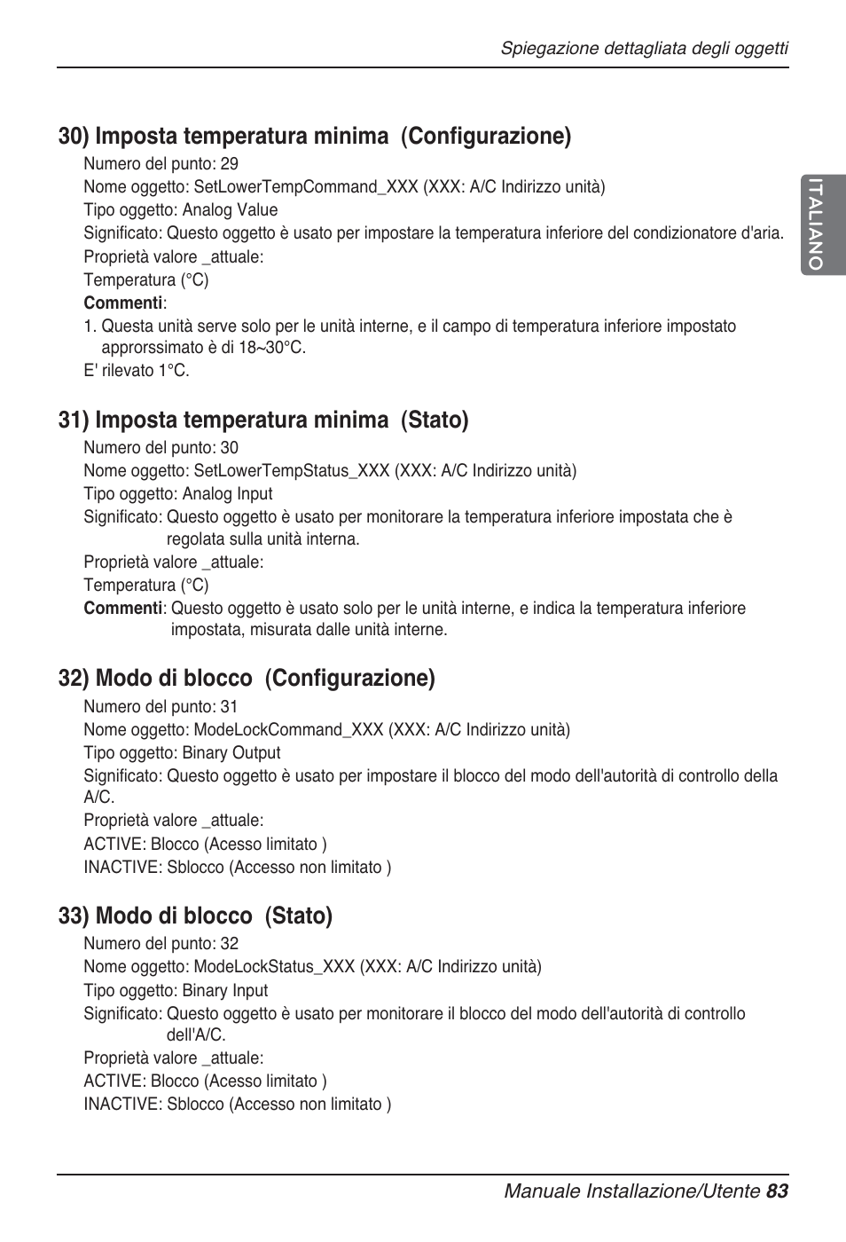 30) imposta temperatura minima (configurazione), 31) imposta temperatura minima (stato), 32) modo di blocco (configurazione) | 33) modo di blocco (stato) | LG PQNFB17B0 User Manual | Page 191 / 756