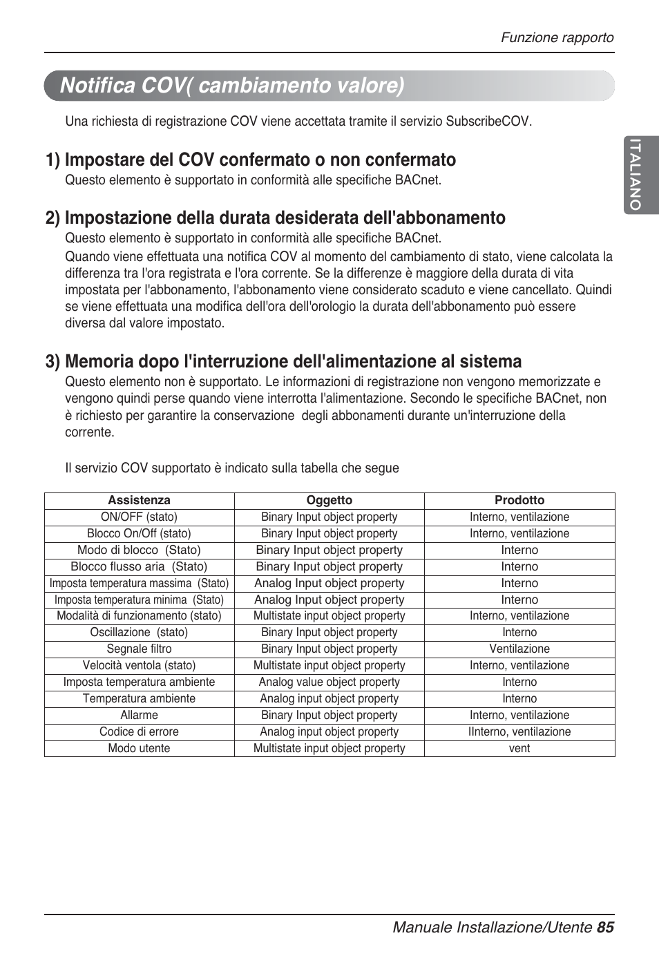 Notifica cov( cambiamento valore), 1) impostare del cov confermato o non confermato, Manuale installazione/utente 85 italiano | LG PQNFB17B0 User Manual | Page 193 / 756