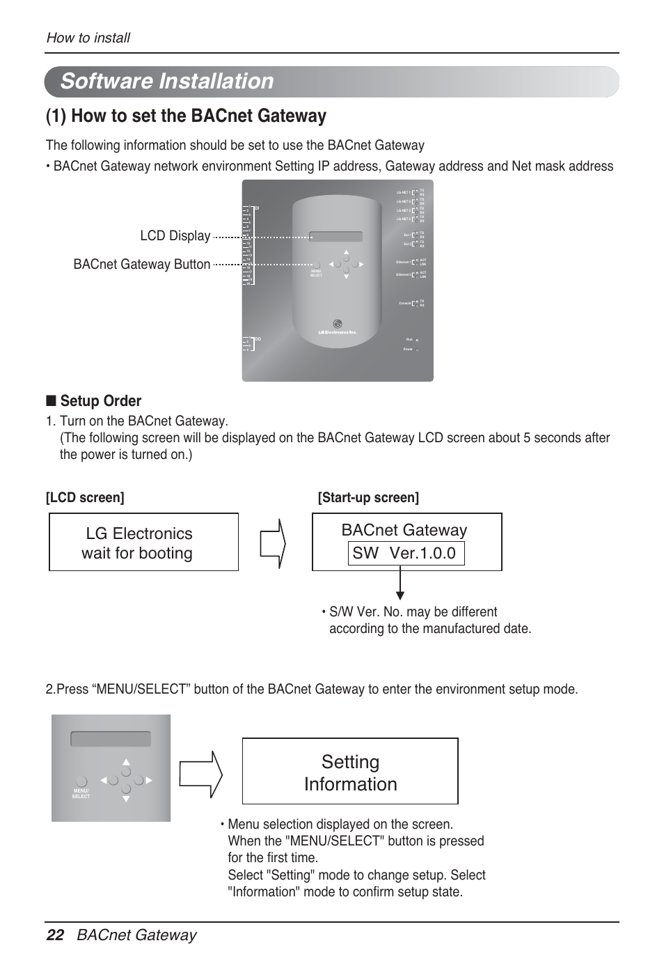 Software installation, 1) how to set the bacnet gateway, Setting information | Setup order, 22 bacnet gateway, How to install, Lcd display bacnet gateway button | LG PQNFB17B0 User Manual | Page 22 / 756