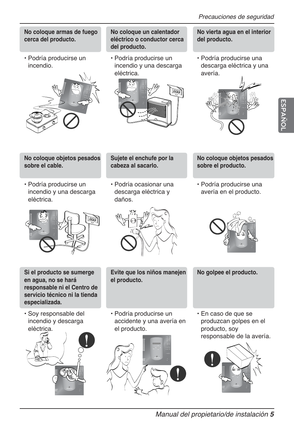 Manual del propietario/de instalación 5, Español, Precauciones de seguridad | LG PQNFB17B0 User Manual | Page 221 / 756