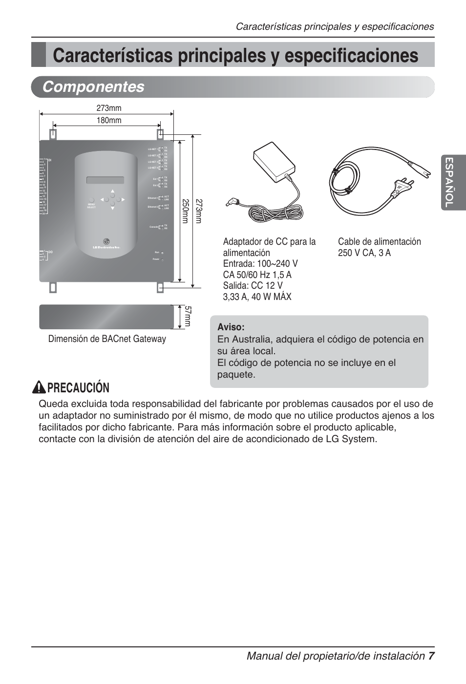 Características principales y especificaciones, Componentes, Precaución | Manual del propietario/de instalación 7, Español | LG PQNFB17B0 User Manual | Page 223 / 756