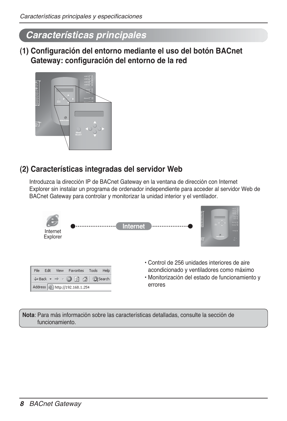 Características principales, Internet 8 bacnet gateway, Características principales y especificaciones | Internet explorer | LG PQNFB17B0 User Manual | Page 224 / 756