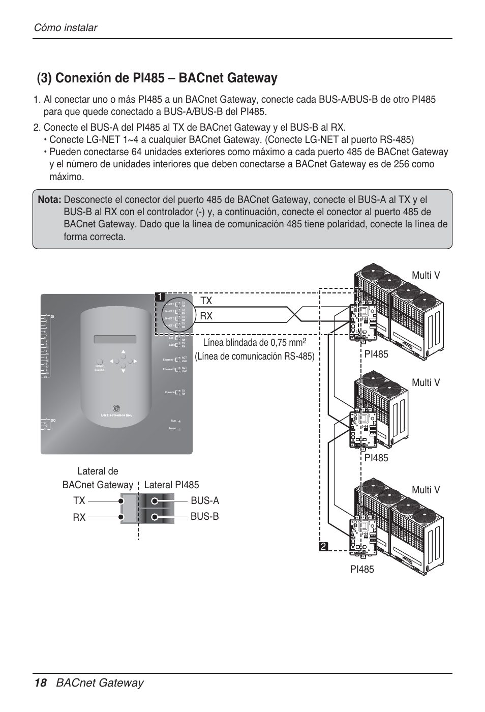 3) conexión de pi485 – bacnet gateway, 18 bacnet gateway, Cómo instalar | Multi v tx rx, Multi v pi485 | LG PQNFB17B0 User Manual | Page 234 / 756