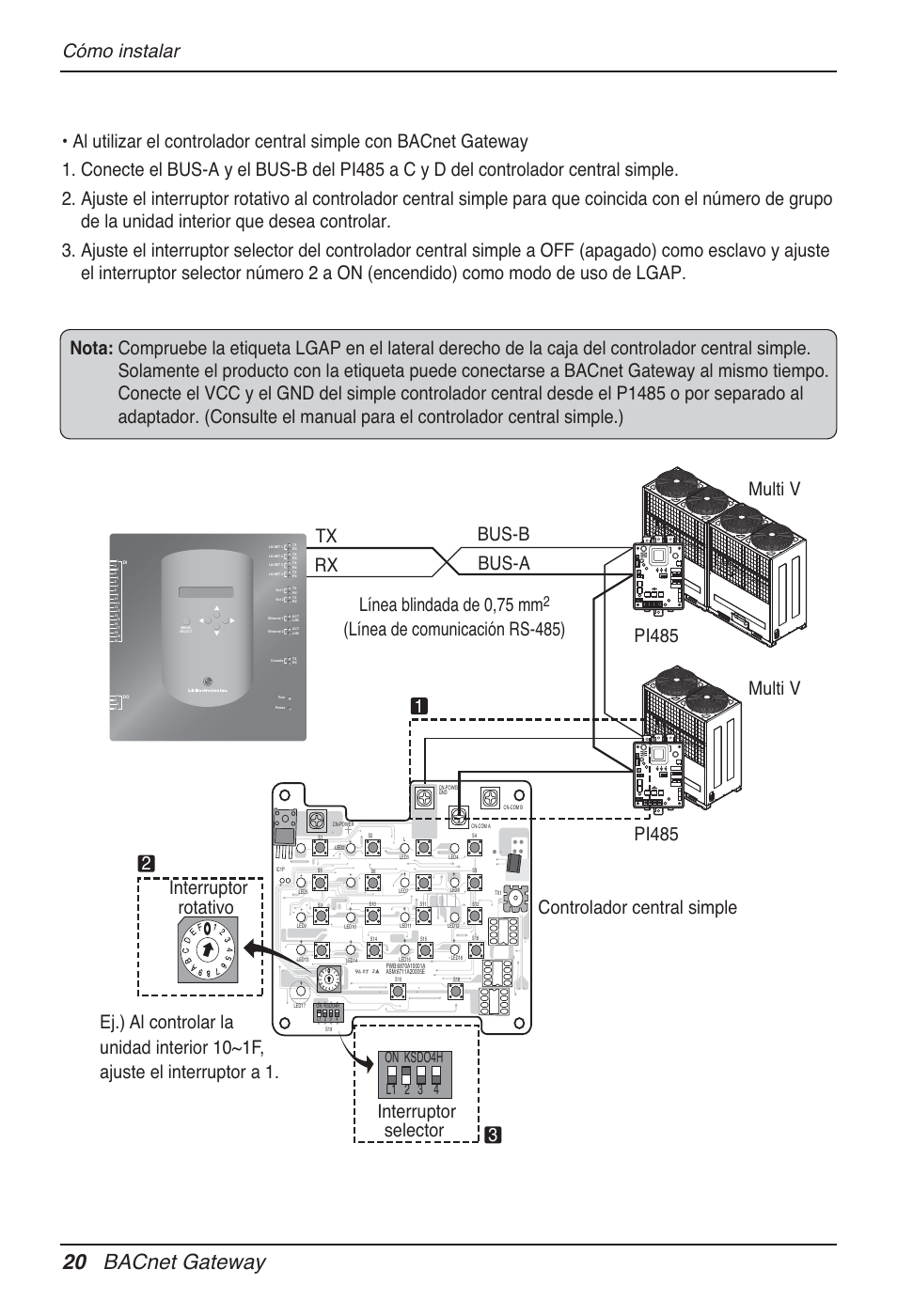 20 bacnet gateway, Multi v pi485 tx rx, Línea de comunicación rs-485) ’ cómo instalar | LG PQNFB17B0 User Manual | Page 236 / 756