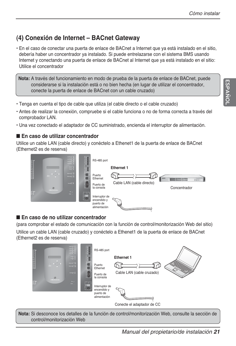 4) conexión de internet – bacnet gateway, En caso de utilizar concentrador, En caso de no utilizar concentrador | Manual del propietario/de instalación 21 español, Cómo instalar, Concentrador cable lan (cable directo) ethernet 1, Cable lan (cable cruzado) ethernet 1, Conecte el adaptador de cc | LG PQNFB17B0 User Manual | Page 237 / 756