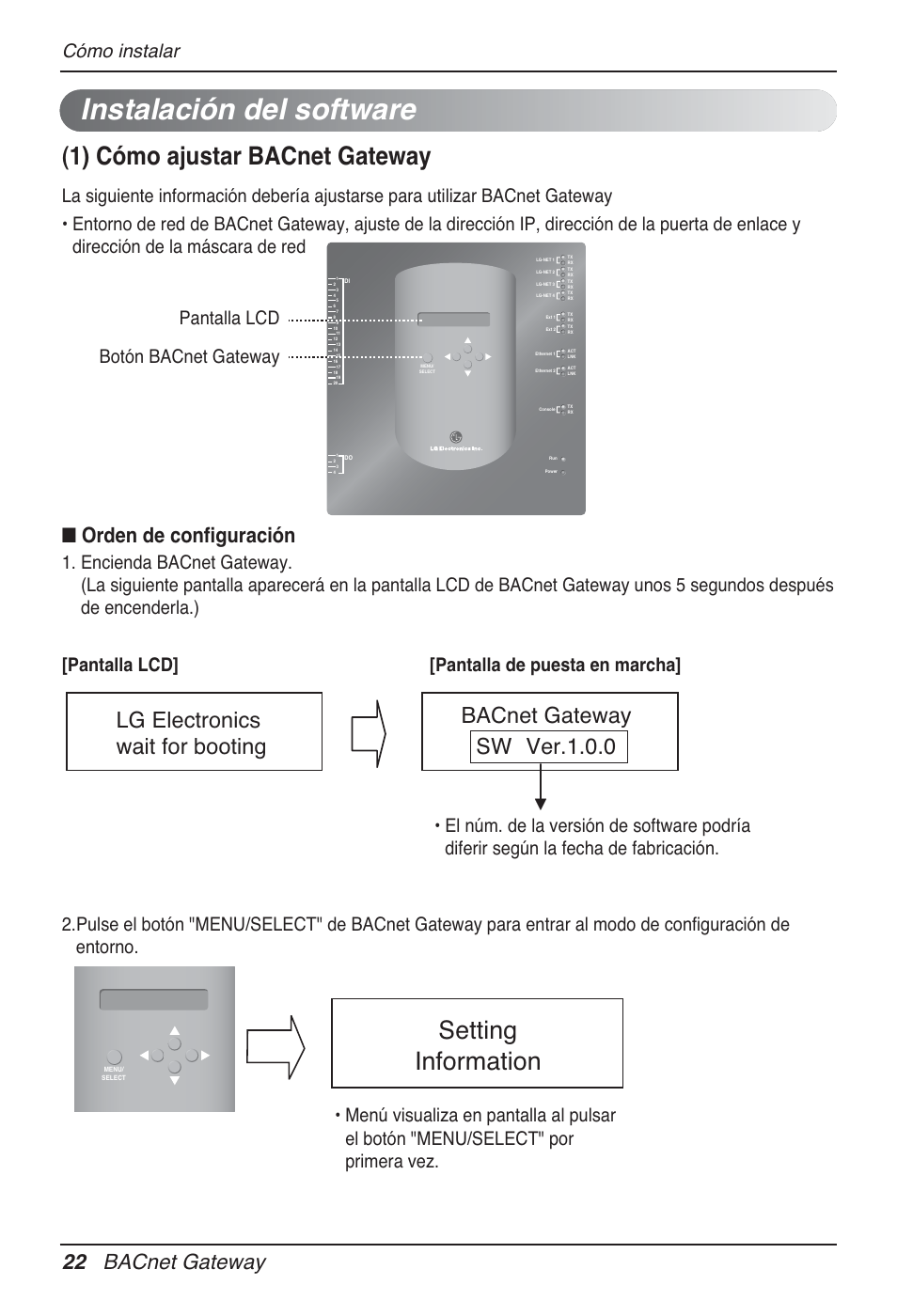 Instalación del software, 1) cómo ajustar bacnet gateway, Setting information | Orden de configuración, 22 bacnet gateway, Pantalla lcd botón bacnet gateway, Cómo instalar | LG PQNFB17B0 User Manual | Page 238 / 756