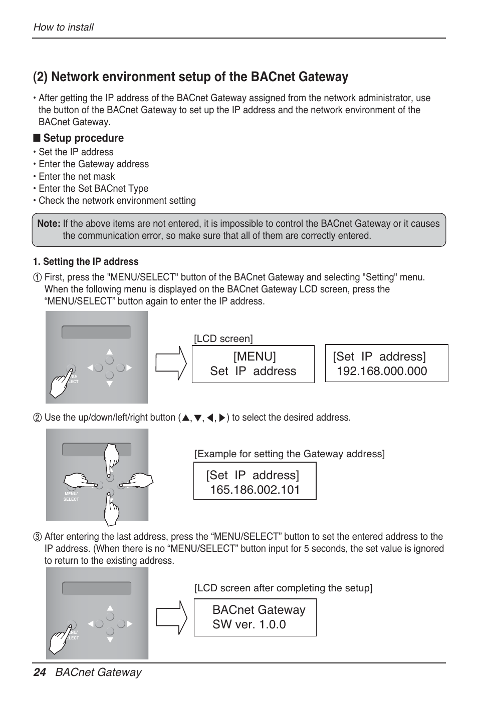 2) network environment setup of the bacnet gateway, Bacnet gateway sw ver. 1.0.0 | LG PQNFB17B0 User Manual | Page 24 / 756