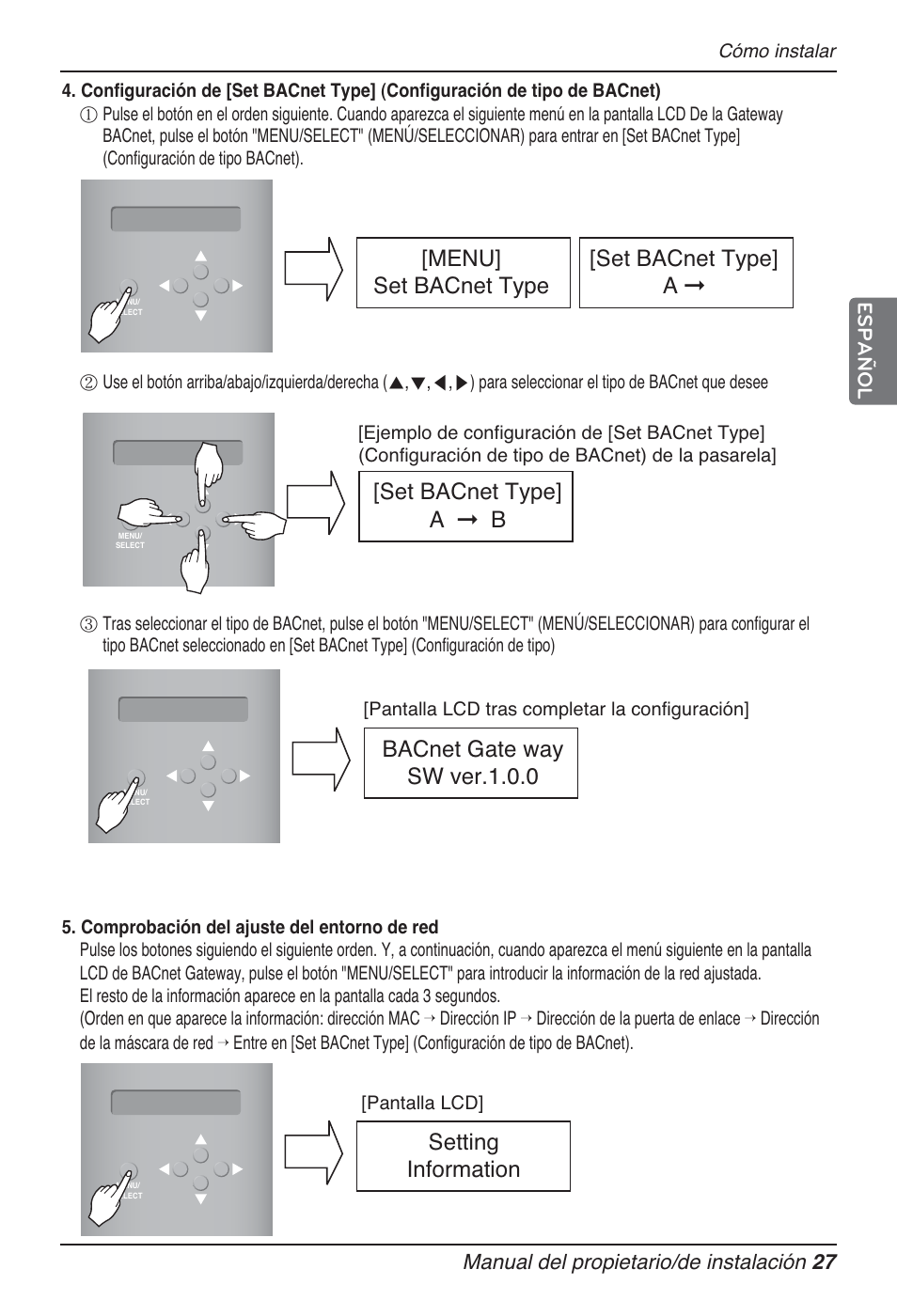 Setting information, Menu] set bacnet type [set bacnet type] a, Set bacnet type] a ➞ b | Bacnet gate way sw ver.1.0.0 | LG PQNFB17B0 User Manual | Page 243 / 756