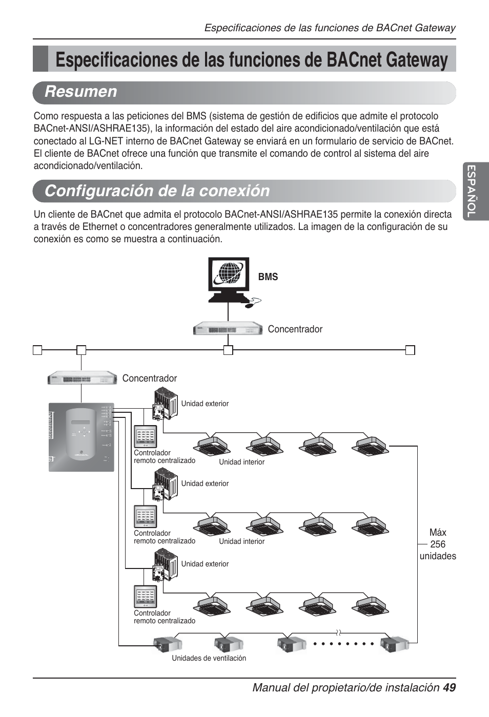 Resumen, Configuración de la conexión, Manual del propietario/de instalación 49 español | Concentrador máx 256 unidades concentrador | LG PQNFB17B0 User Manual | Page 265 / 756